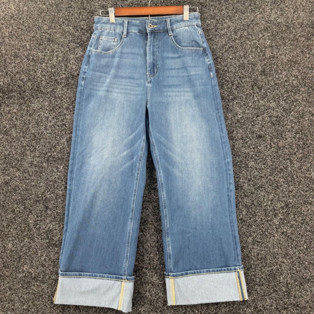 Halara Wide Leg Cuffed Denim Jeans Medium Wash High Waisted Small Regular